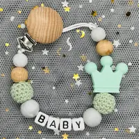 Attache-sucette avec nom personnalisé, chaîne en bois de hêtre faite à la main, support de couronne en Silicone, sucette, jouet de dentition pour bébé, cadeau à mâcher, nouvelle collection 4