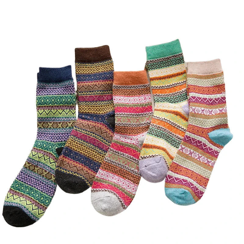 

Warm Multicolor Ethnic Wool Socks Couple's Winter Essentials Mid-Tube Style 5 pairs