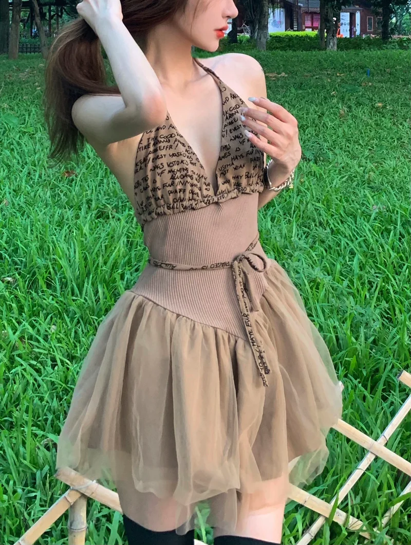 

2023 Brand New Halter Neck V-neck Backless Slim Mini Dress Letters Print Knitted Mesh Beach Dress Vestidos