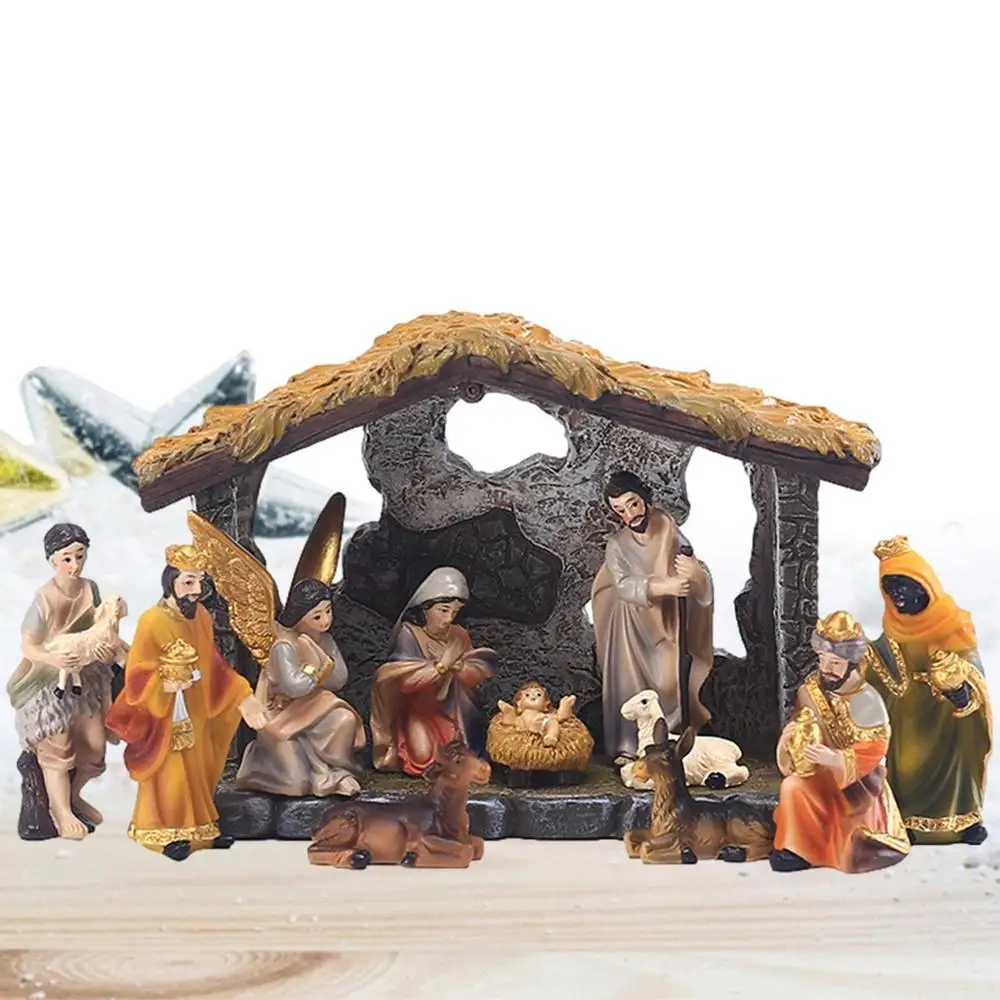 Description Picture 2 of item12Pcs/set Birth of Jesus Nativity Manger Set Christmas Holy Family Crafts Statue For Home Living Room Church Decoration