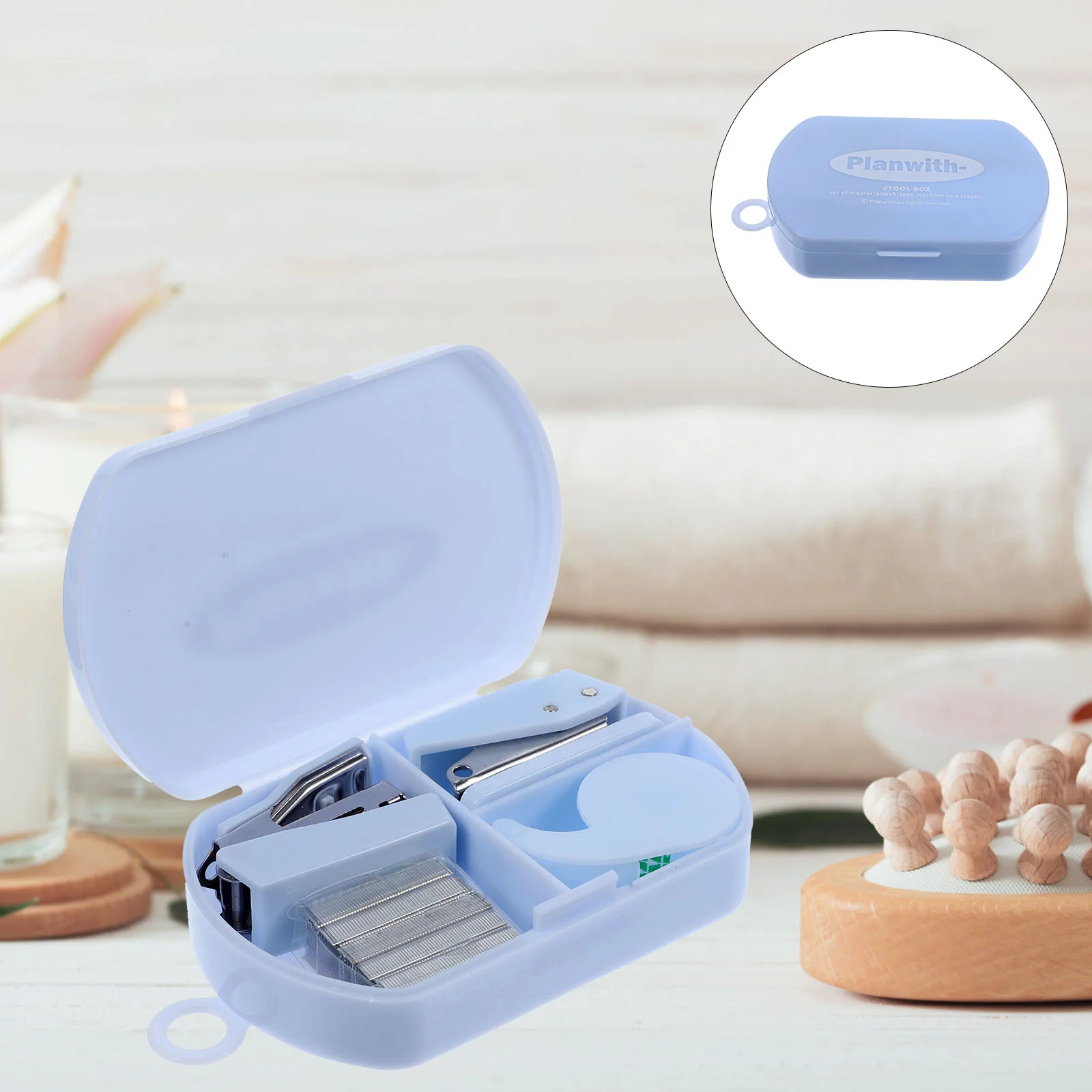 미니 스테이플러 책상 액세서리 키트, 구멍 펀치 테이프 디펜서, 사무용품 세트, 사무실 가정용 문구 선물, 파란색