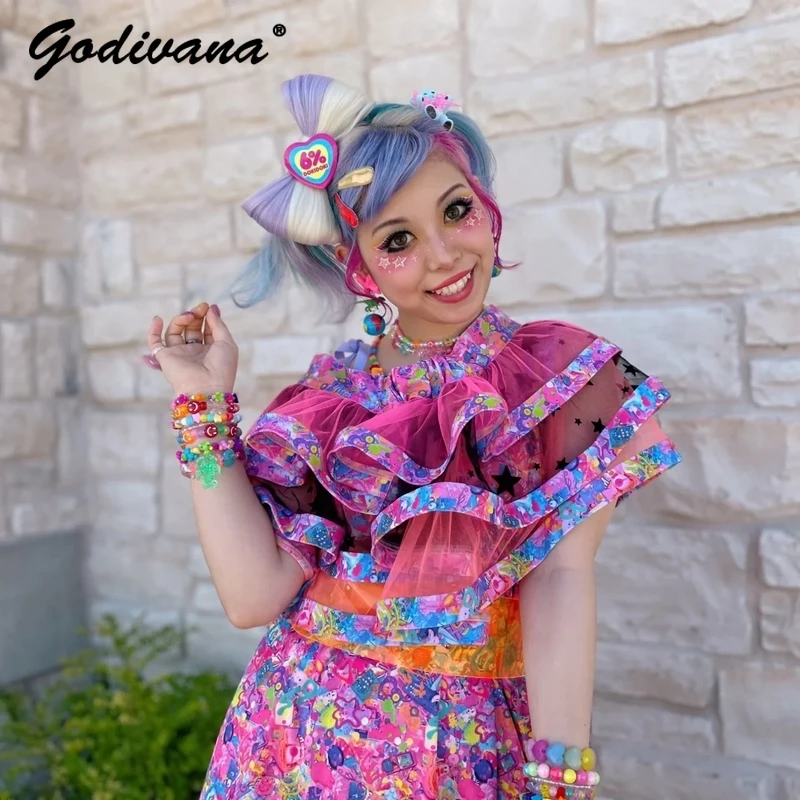 

Japanese Harajuku Cute Suspender Dress Dopamine girl women's sweet Gauze Skirt Sub-Culture Chic Printed Long T-shirt Dress