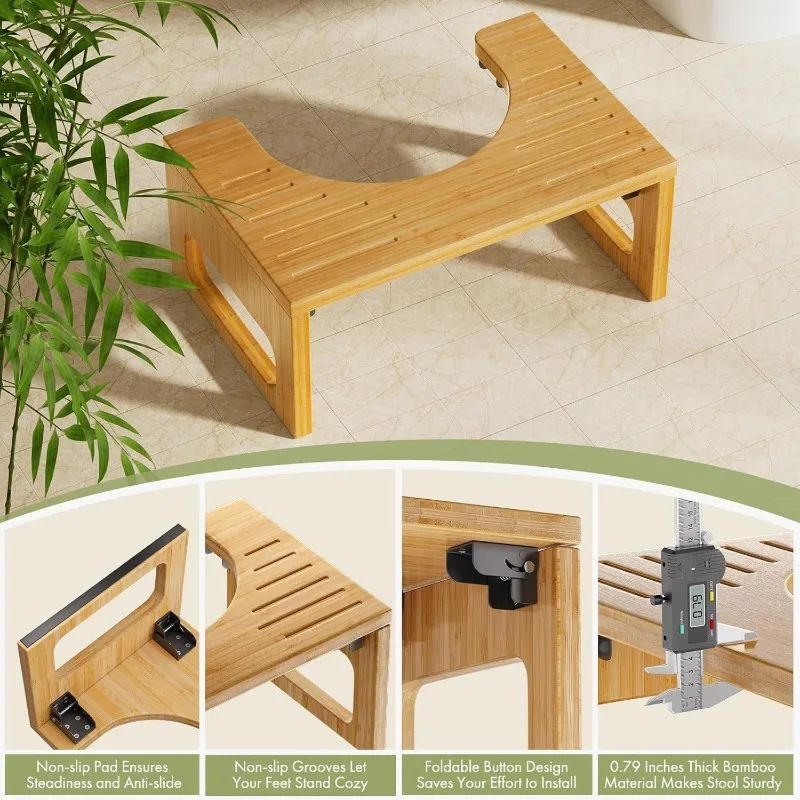 7 Inches Thickening Bamboo Toilet Stool Squat For Adults, Collapsible Poop Stool For Bathroom, Potty Step With Non-Slip St
