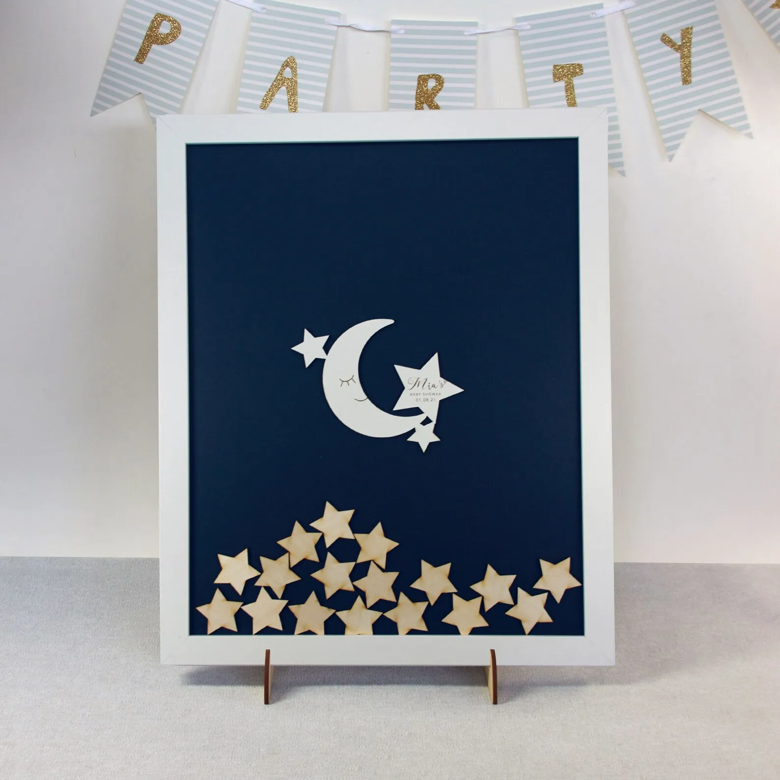 Moon and Stars Baby shower Guestbook White Wood Alternative Drop Box Frame/Keepsake christening, Birthday, Guest Book, Drop Fram