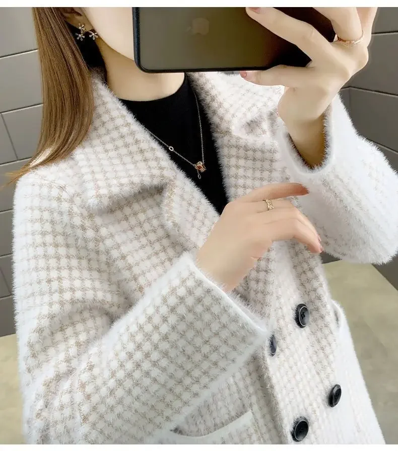 Imitation mink velvet coat women's medium long plaid coat autumn winter thick loose suit collar warm autumn winter coat