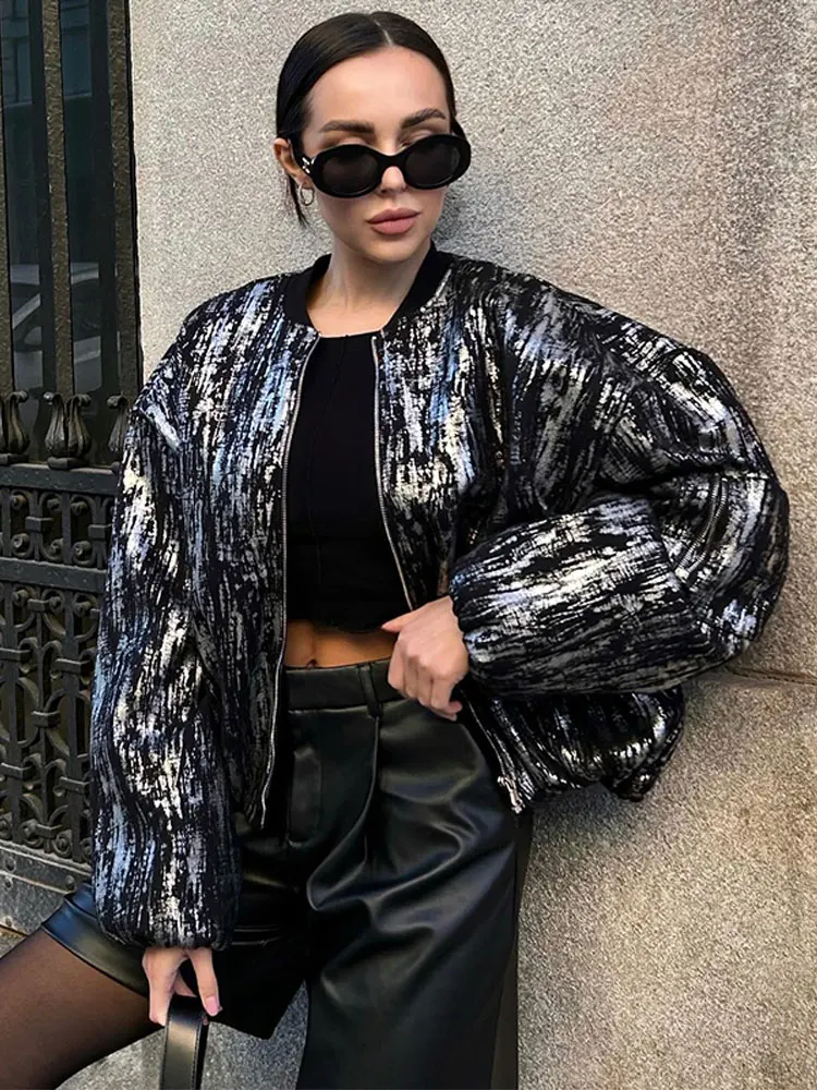 

Women Metallic Sliver Shiny Zipper Jacket Fashion Trend O Neck Loose Short Coats 2023 Autumn Winter Street Cool Girl Outerweear