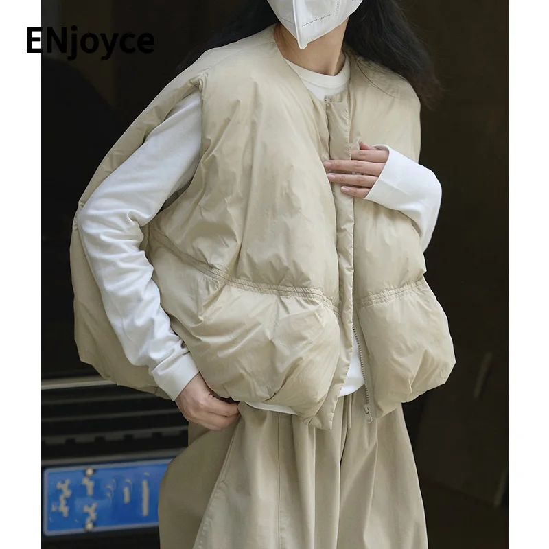 

Женский Теплый жилет на утином пуху ENjoyce, повседневный жилет на молнии с круглым вырезом, куртка без рукавов в Корейском стиле, зимняя уличная одежда