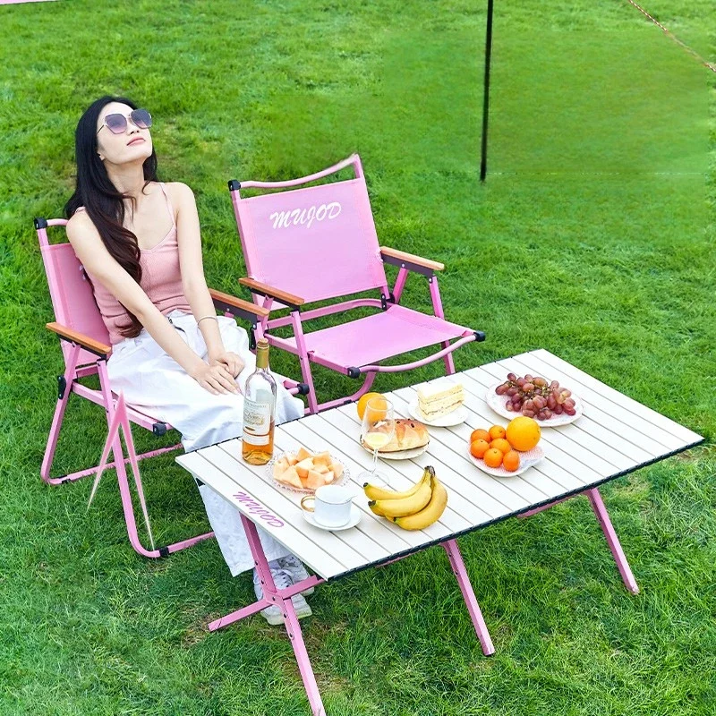 F29: Pink Camping Table and Chair Set, Foldable Kermit Chairs, Lightweight Outdoor Lounge Furniture, Portable Fishing Gear