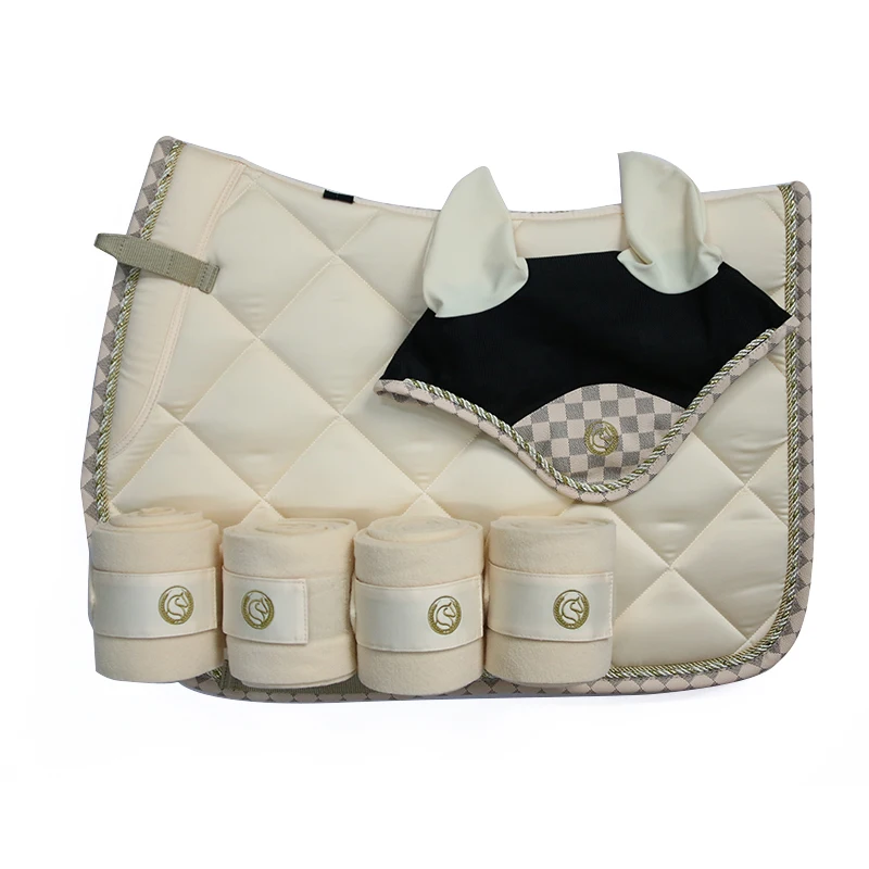 Harness Beige Chessboard Plaid Obstacle Horse Sweat Pad Horse Leggings Leg Guard Earmuffs Suit