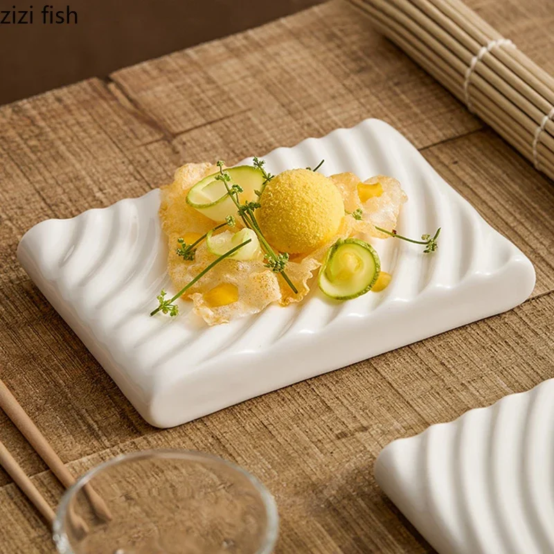 White Double-layer Ceramic Dinner Plate Irregular Texture Dessert Plate Dim Sum Sushi Dish Restaurant Specialty Tableware