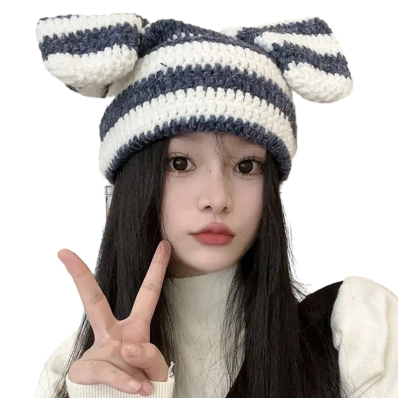 

Winter Warm Cap Knit Hat with Soft Breathable Crochet Stripe Beanie Women Headdress Outdoor Activity Headgear