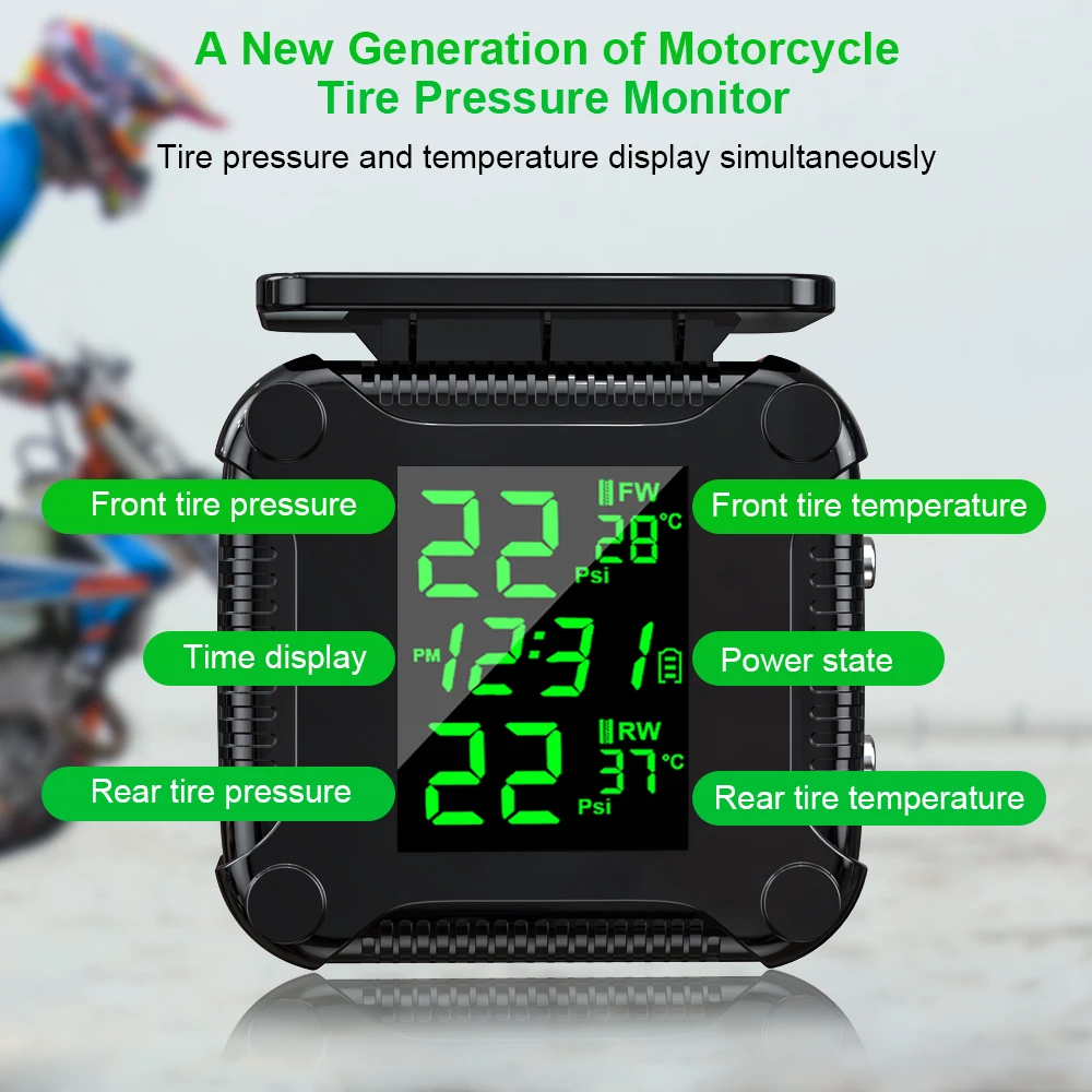 Sensore TPMS Per Moto Con Display LCD, Ricarica Magnetica E Allarme Pressione Pneumatici – Monitoraggio In Tempo Reale Con Sensori Interni, Unità PSI/BAR E Temperatura °C/°F