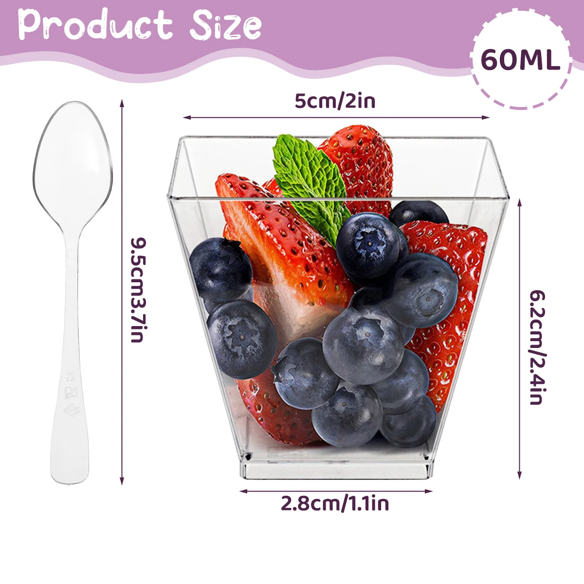 Description Picture 5 of item50Pcs 60ml Mini Dessert Cups Clear Plastic Party Ice Cream Cups with Lids Spoons Reusable Serving Bowl for Tasting Appetizers