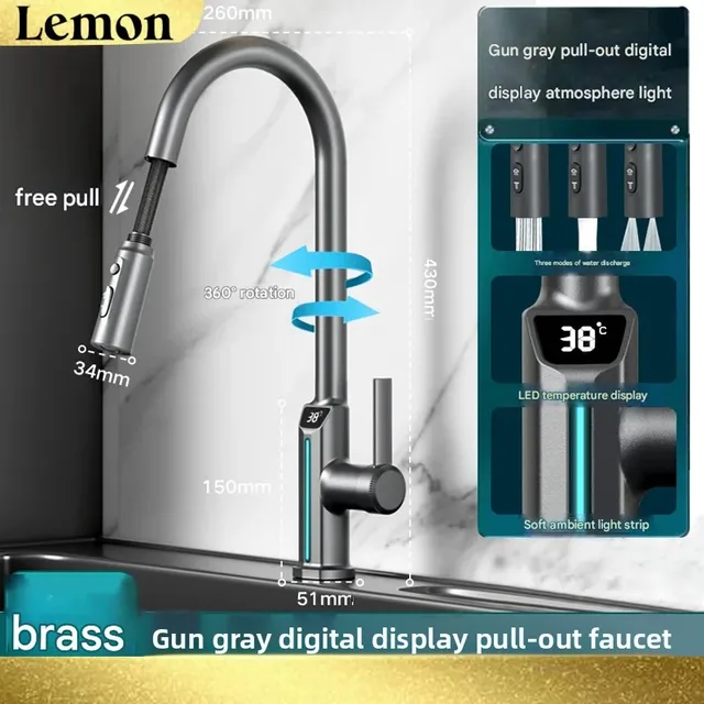 ก๊อกน้ำตก LED สีเทาปืนพร้อมจอแสดงผลอุณหภูมิดิจิตอลแบบดึงได้ห้องครัว/อ่างล้างหน้าห้องน้ำผสมก๊อกน้ำอ่างล้างหน้าร้อน/เย็น 1