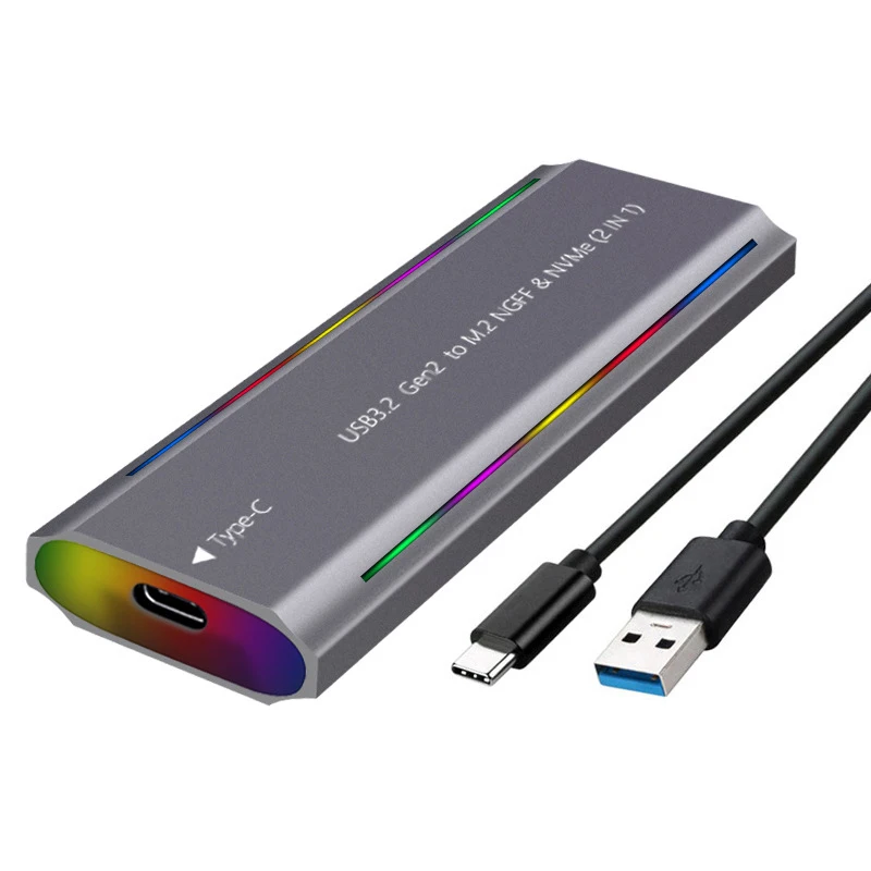 M.2 Solid State USB 3.1 NGFF&NVMe Protocol Hard Disk Box Type-C RGB Light Aluminum Alloy Mobile Hard Disk Box TNP07 external hard drive case ssd enclosure