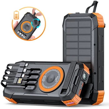 Power Bank Solare da 50000mAh con Generatore a Manovella, Caricabatterie Portatile d'Emergenza per Esterni con 4 Cavi Integrati, Doppia Torcia LED