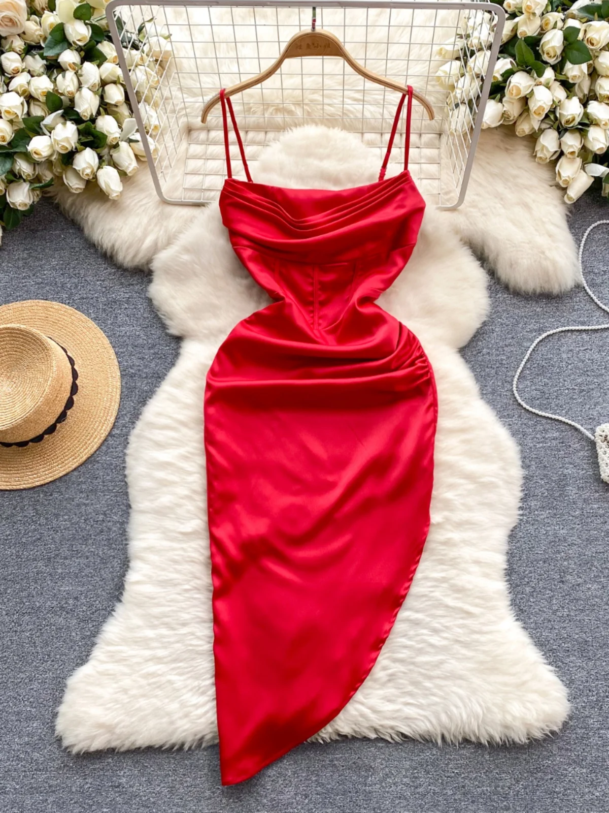 

Foamlina Summer Chic Solid Slip Dress for Women Elegant Square Neck Sleeveless Backless Slim Irregular Satin Evening Party Dress