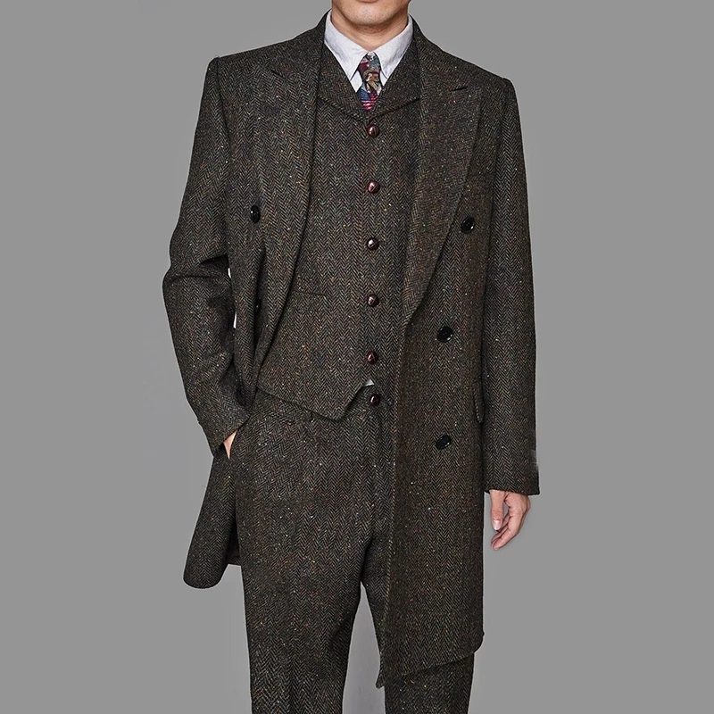 

Fashion Winter Mens Suits HerringboneThree-Pieces Suit Tweed Vintage Business Formal Jacket Vest And Pants Costume Homme