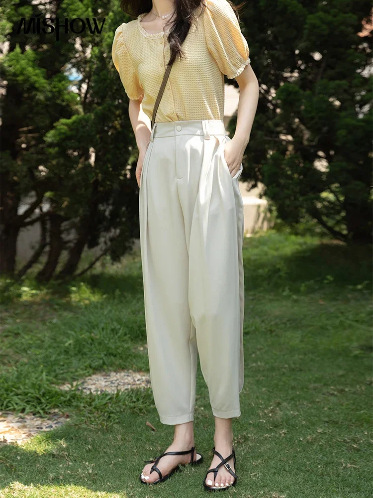 

MISHOW 2023 Summer Women's Suit Pants Straight Korean Solid Slim High Waist Casual Office Lady Ankle-Length Trousers MXB25K0412