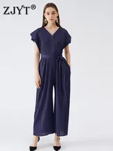 

ZJYT Summer Designer Sashes Loose Pleated Jumpsuits Women Fashion Button Cardigan Oversize Rompers One Piece Pants Overalls