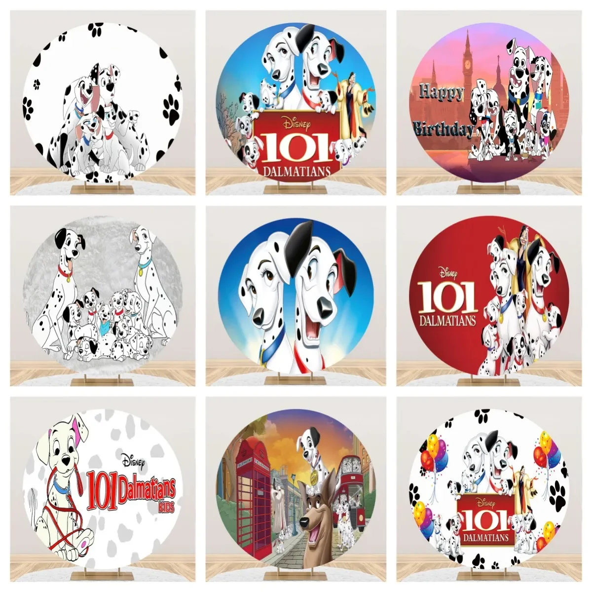 

Cartoon Custom 101 Dalmatians Lovely Dog Elastic Round Backdrop Cover Happy Birthday Party Circle Background