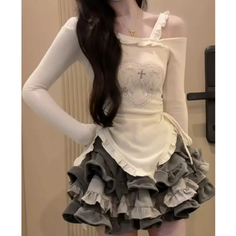 Large Size Spicy Girl Style Y2K Spring/summer Outfit Set with Beige Top and Ultra Heavy Industrial Cake Skirt Two-piece Set
