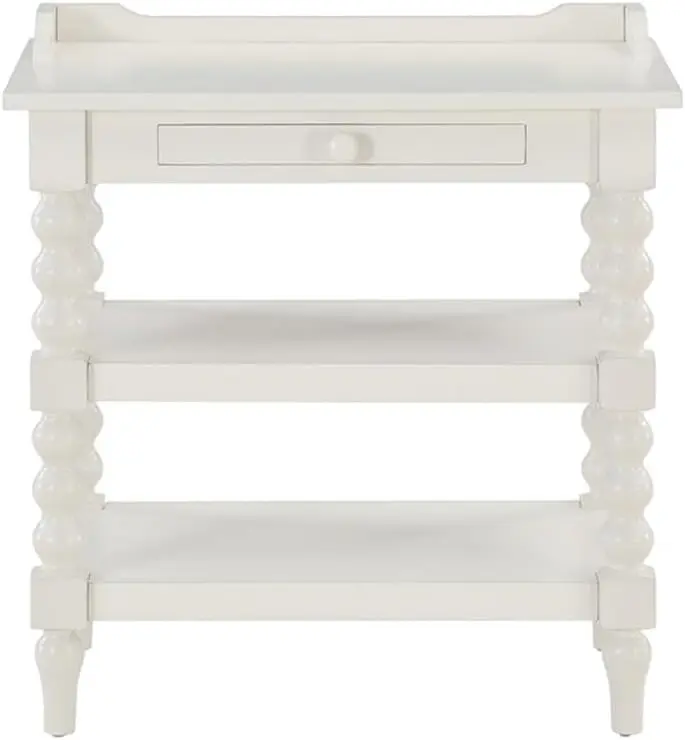 Antique White Wood Turned Leg Storage Nightstand