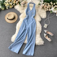 Women Summer Denim Jumpsuits Halter Backless Double Buttons High Waist Wide Leg Youth Jean Jumpsuit Rompersman - Image 2