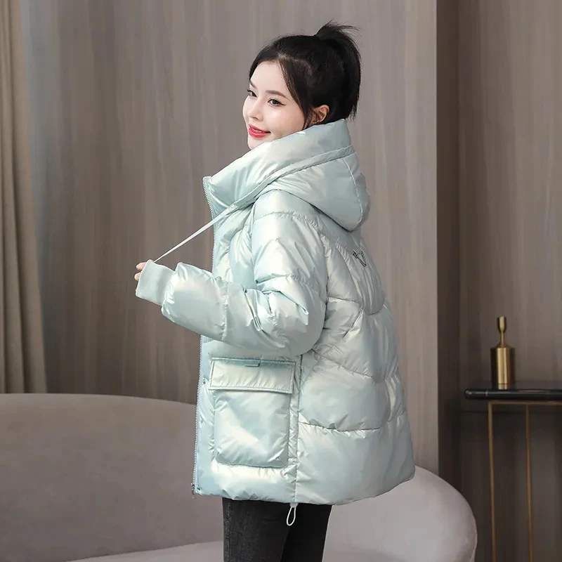 

Women Glossy Down Cotton Coat 2023 Winter Jacket New Korean Loose Padded Jacket Female Coat Casual Hooded Warm Parkas Outerwea