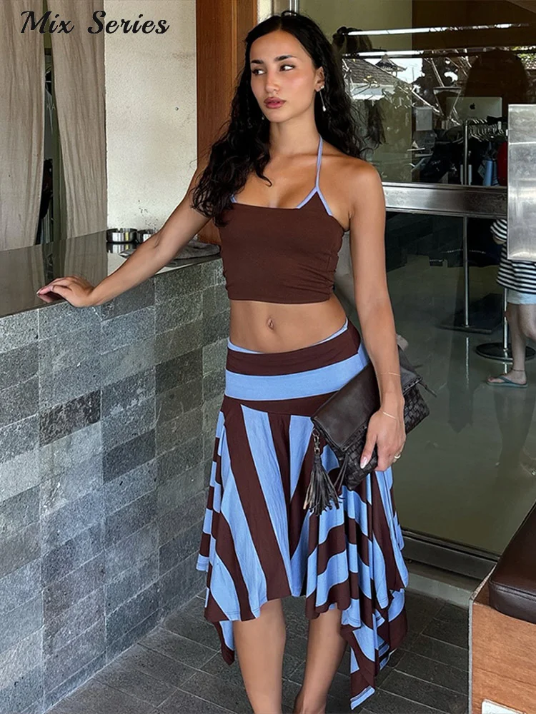 Fashion Low Rise Striped Midi Skirt Women's Asymmetric Pleated Hem Skirts 2026 Summer New Lady Casual Vacation Style Bottom 
