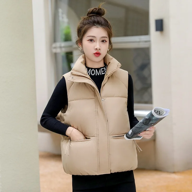 2023 Autumn Winter Cotton-padded Vest Coat Women Stand-up Collar Waistcoat Short Jacket Student Warm Tank Tops Sleeveless Coats