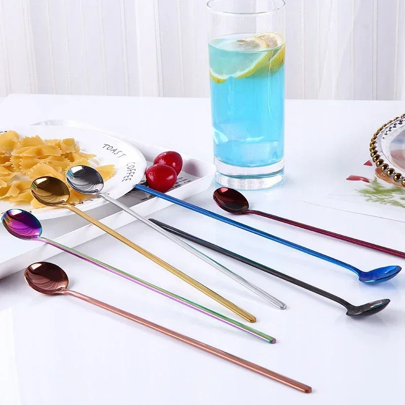 Stainless steel spoon tea spoon Rainbow Color Coffee Tea Stir Spoon Long Handle Ice Cream Dessert Spoons Eco-Friendly Stainless Steel Tableware Kitchen Supplies