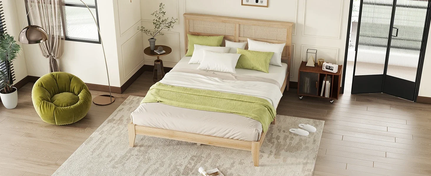 platform bed with rattan headboard