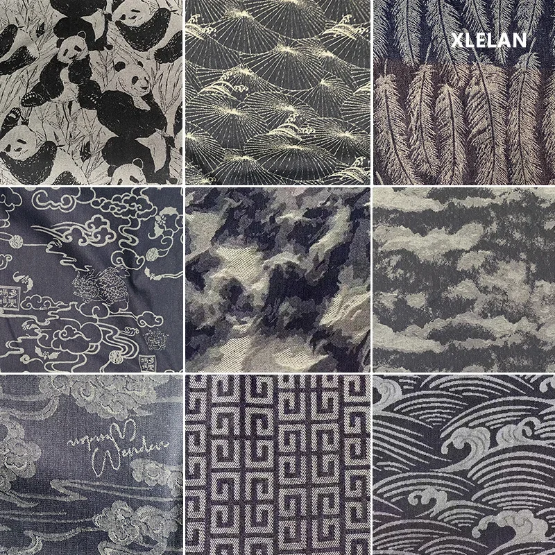 Retro Denim Fabric National Style Embroidery Clothing Material Dragon Pattern Wave Nostalgic Design Outerwear Fabric Washed Deni