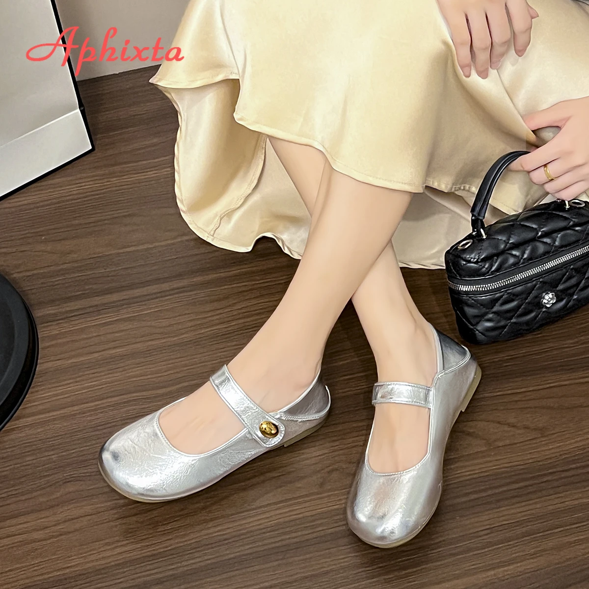 Aphixta Flat with Round Toe Soft Mary Janes Women Shallow Metal Buckle Concise Women Casual Shoes Size41 Women Flat Shoes