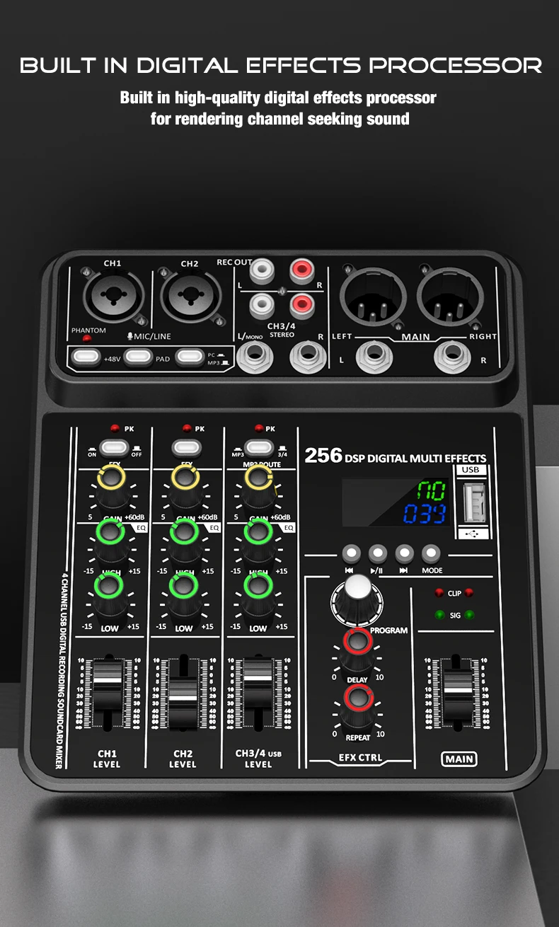 Audio Interface Mixer with Bluetooth USB Recording Computer 48V Phantom Power De