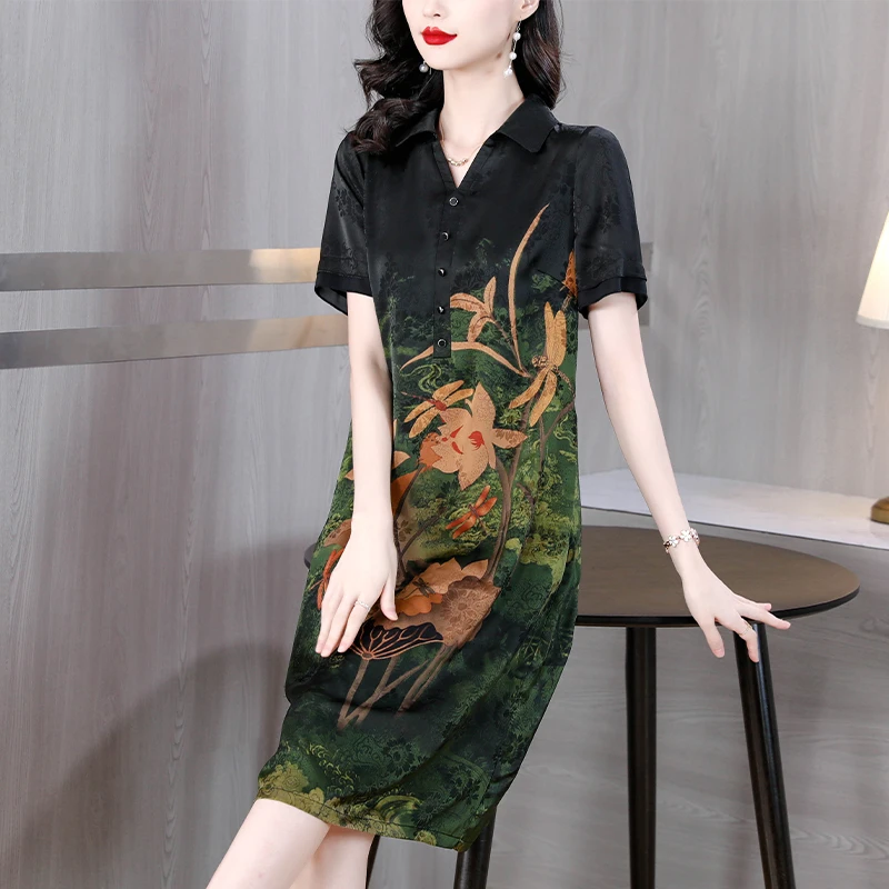 

Женское шелковое платье с коротким рукавом, большие атласные платья из шелка тутового шелкопряда с цветочным принтом, свободное платье до колена в богемном стиле, лето 2023