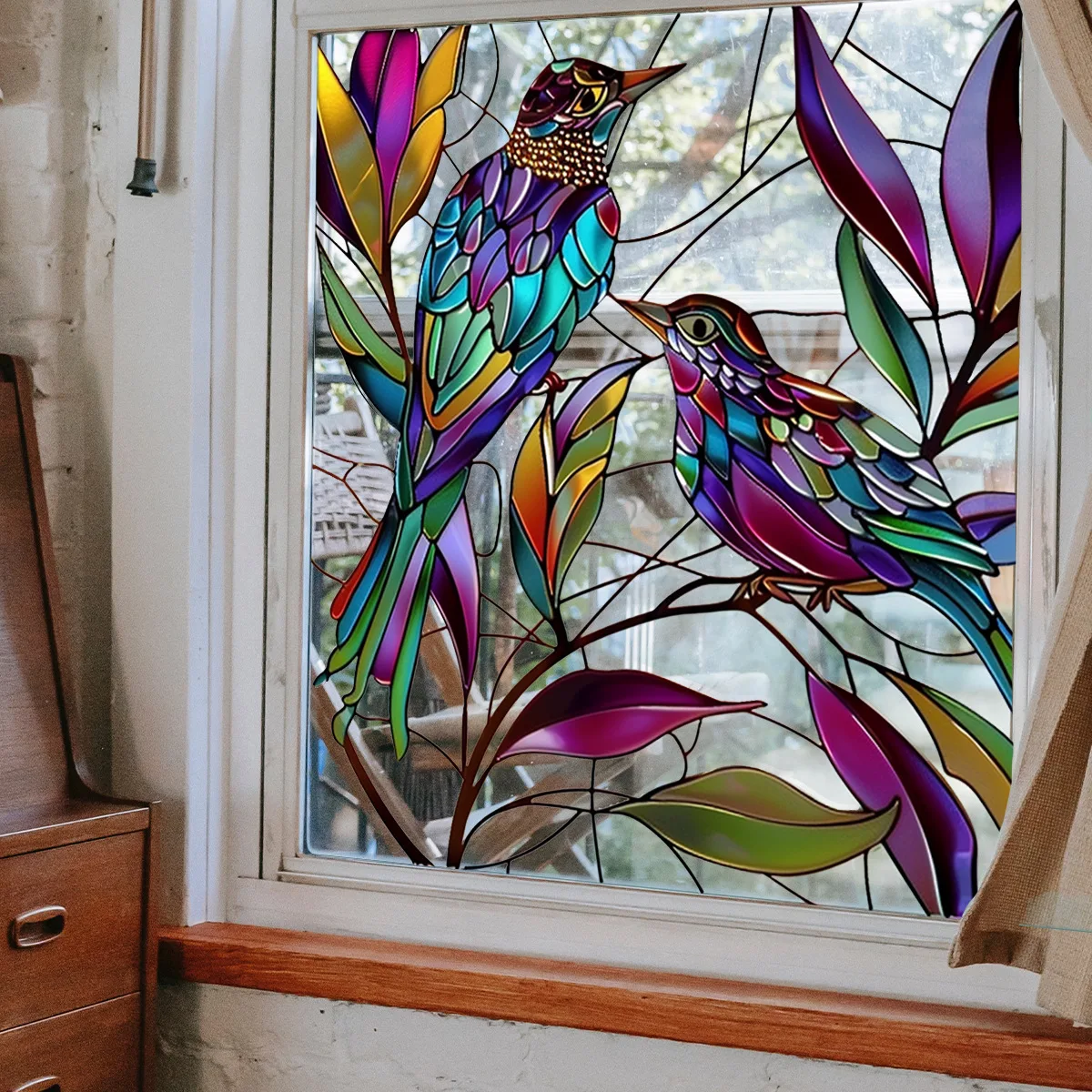 Colorful Hummingbird Leaves Electrostatic Stickers for Window Displays Glass Sticker Double-sided Printing Visible Adhesive Free
