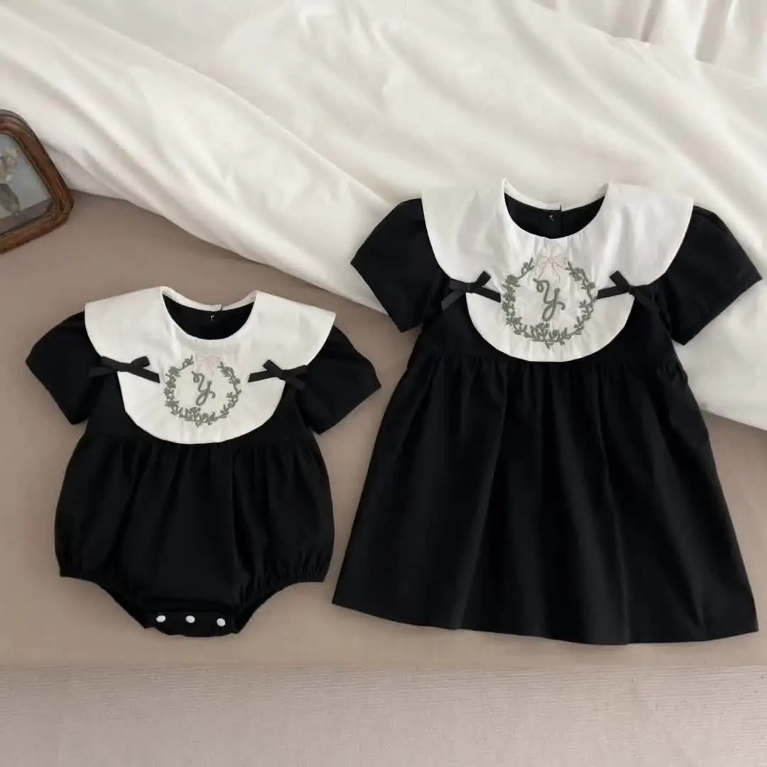 Summer Children Embroidery Flower 1-6Yrs Baby Girls Dress Infant Clothing  Doll Collar Bubble Black Cotton Kids Party Bow Dress