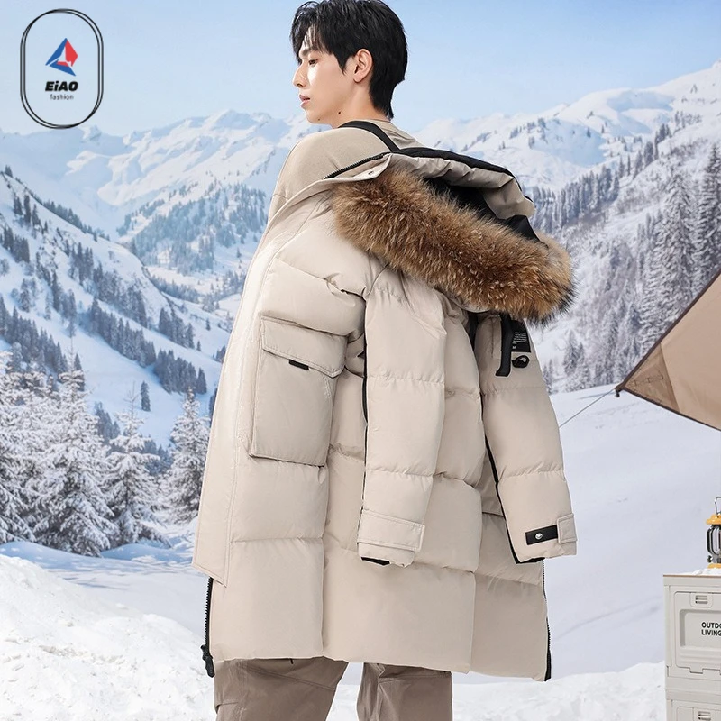 EIAO Winter Outdoor Long Down Jacket Men High-end Snow Thick White Duck Down Warm Coat Hiking Climbing Multi-pocket Puffer Parka