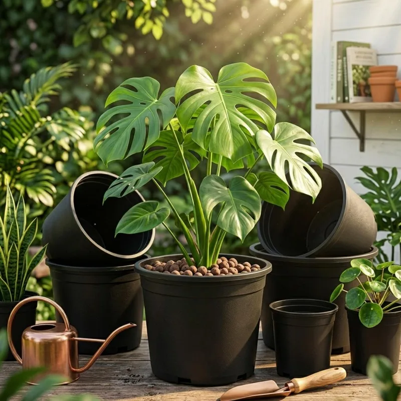 Elegant Black Resin Planter - Large Round Decorative Flower Pot