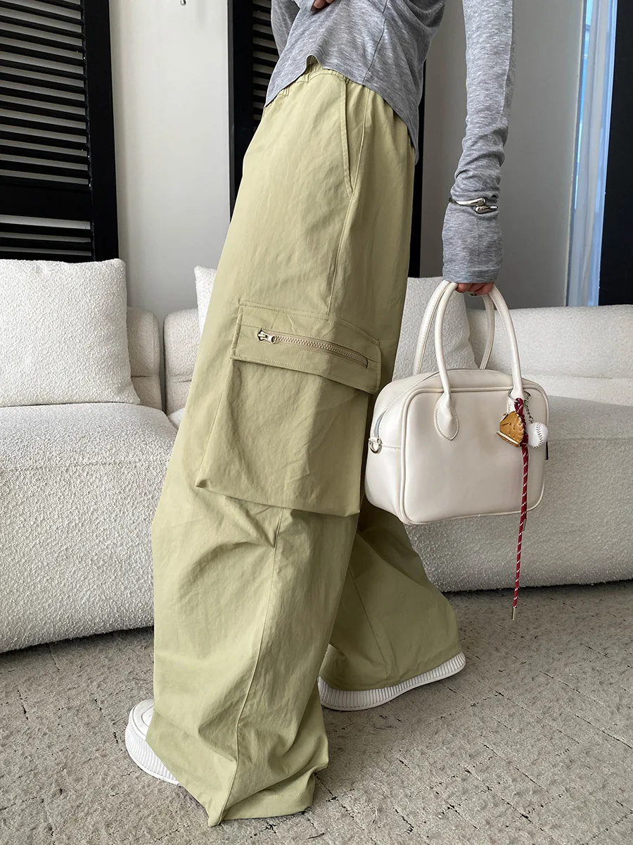 Frühlingshose für Damen, einfarbig, amerikanischer Retro-Stil, mit Kordelzug, elastischer hoher Taille, lässige Fallschirmjäger-Arbeitshose mit weitem Bein – Detail 10