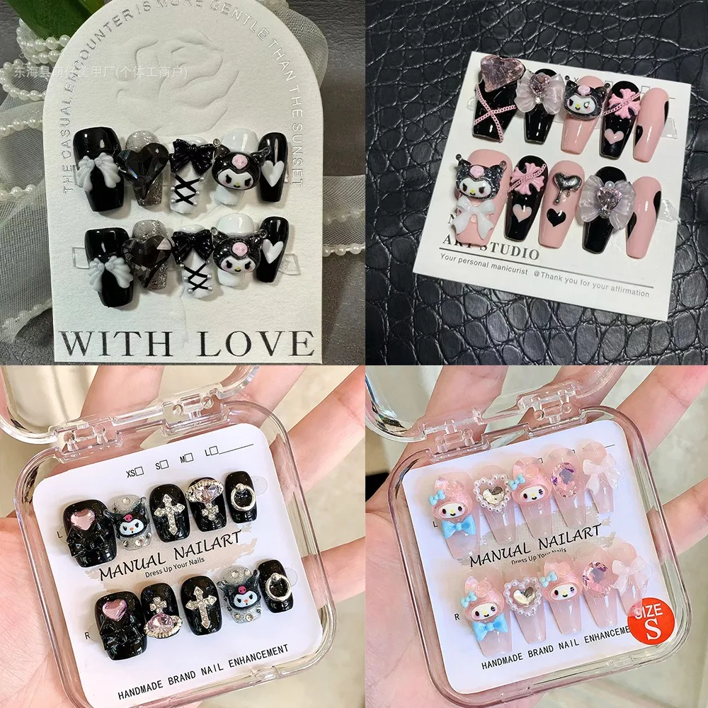 

Kawaii милый Sanrio Y2K Kuromi ручная работа пресс-на ногтях сладкая любовь съемный пресс на ногтях школьный аксессуар фестиваль подарок