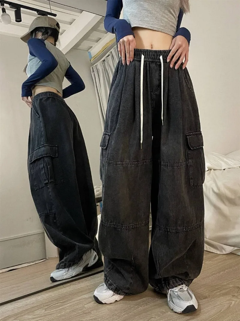 Harajuku Vintage Blue Cargo Jeans Women Oversized Y2K Grunge Baggy Denim Pants Hip Hop Streetwear Wide Leg Trousers Streetwear