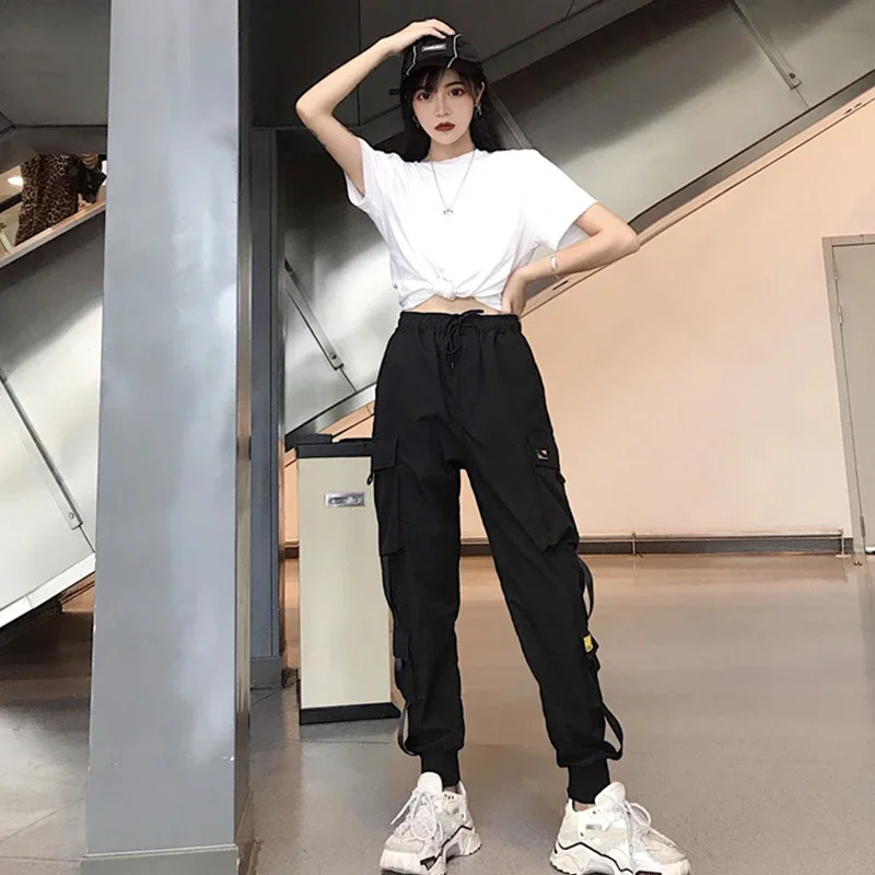2024 Harajuku Loose Women Black Pants Hip Hop High Waist Elastic Baggy Trousers Big Pocket Woman Cargo Pants