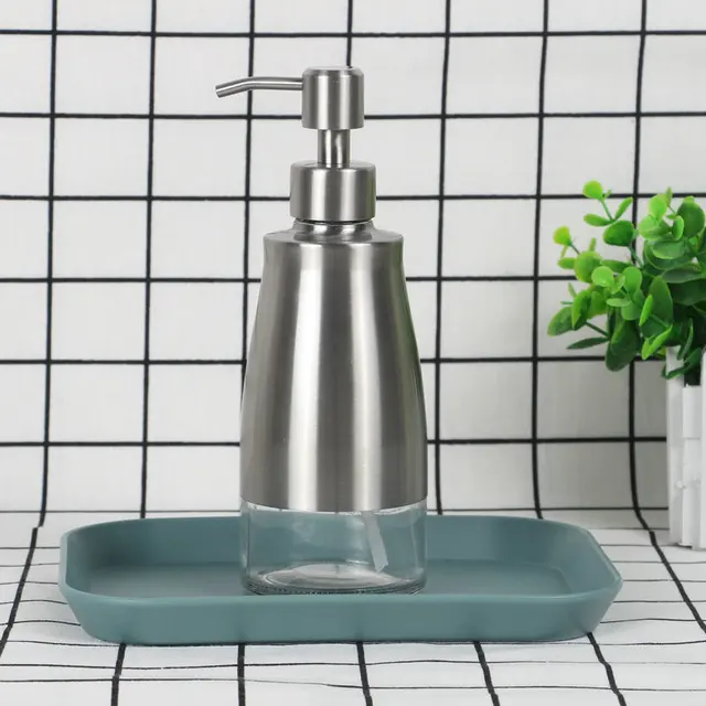 1ชิ้นเครื่องจ่ายสบู่เหลวเหลว304สแตนเลส + ขวดแก้วใสเจลอาบน้ำมือกดห้องน้ำ300มล. 4