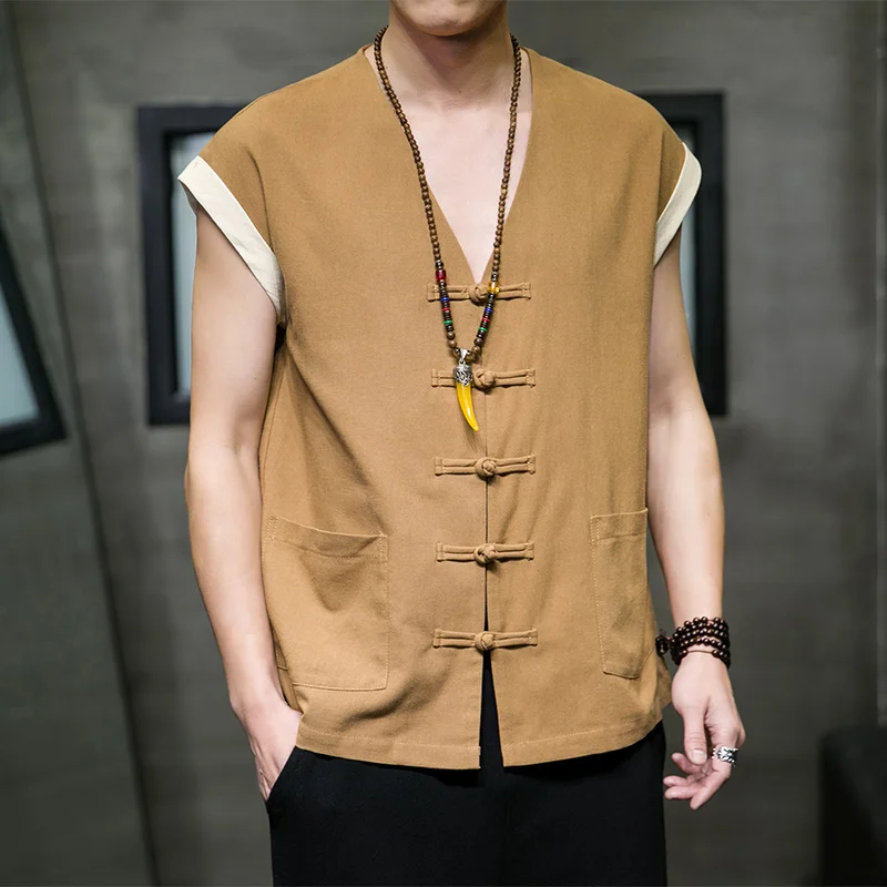 

Sinicism Dial Buckle Color Contrast Vest for Men Male Summer Cotton Linen Sleeveless Shirt Chinese Style Tang Tops Homme M-5XL