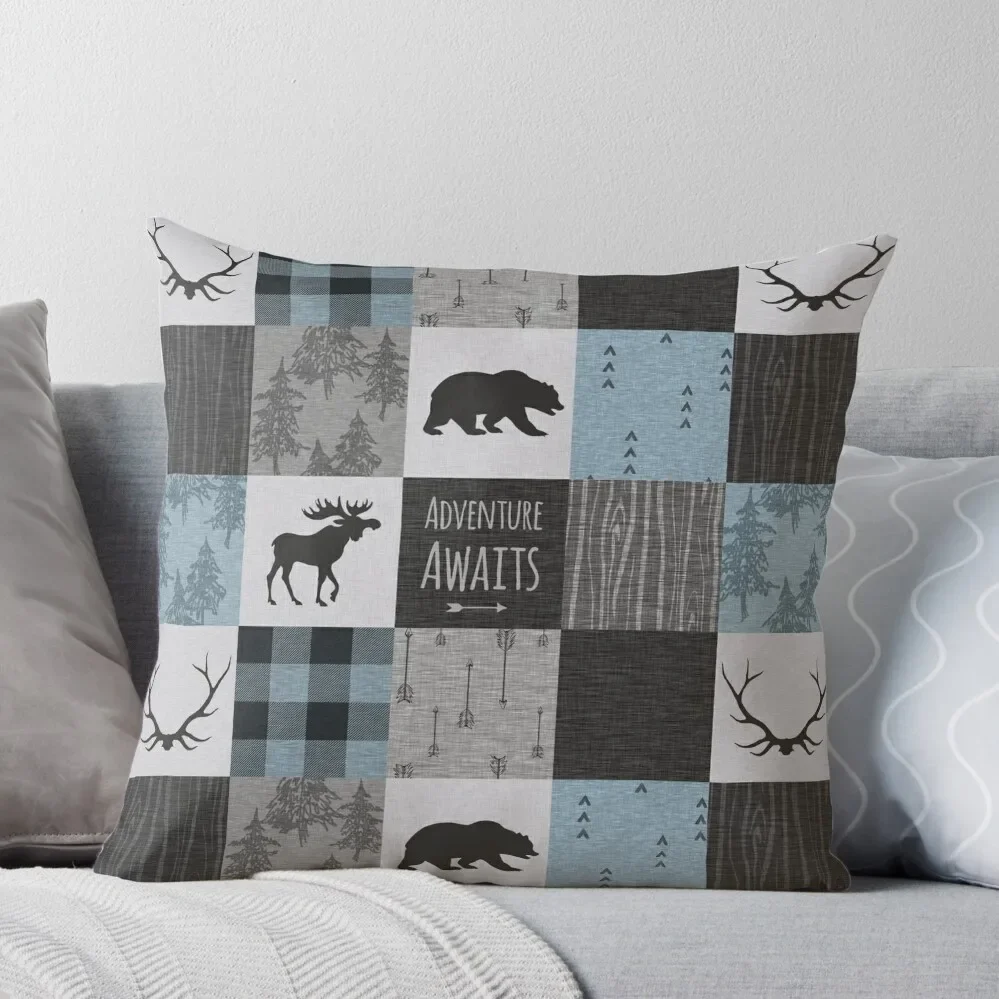 

Adventure Awaits Patchwork - Blue, Grey and Black Throw Pillow luxury sofa pillows Pillow Case Sofa Covers