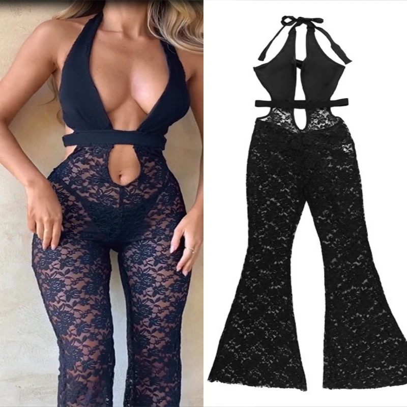 Lace Jumpsuits for Women Black Mesh Sexy Party Slim Romper Ladies Backless Bodycon Elegant Pants Clothes 2023 Fashion Overalls