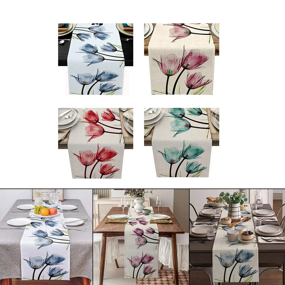 

1pc Floral Table Runner 13x70 Inches Long Kitchen Dinner Retro Tulip Flower Table Runners Polyester Fiber Home Textile